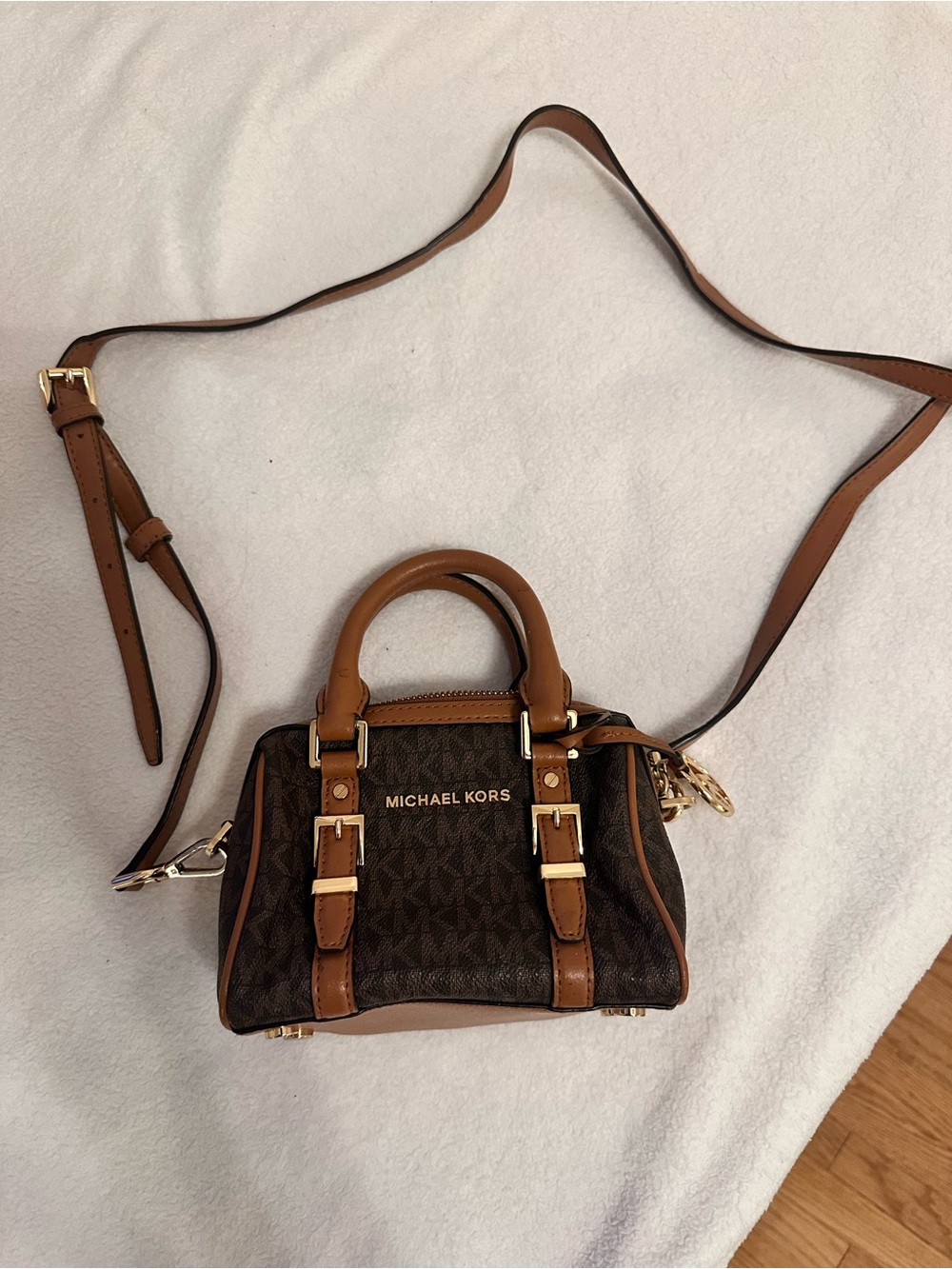 Michael Kors Brown Mini Satchel with Tan Accents and Gold Hardware